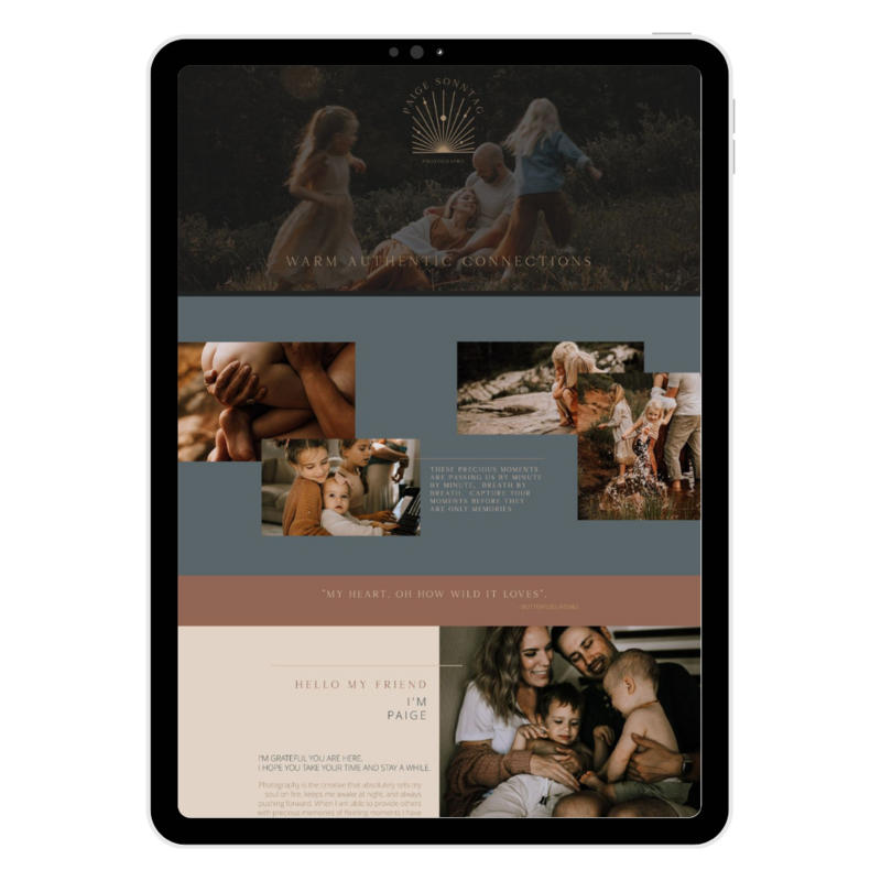 A tablet displaying a family photography portfolio with a collage of images showing close-ups and family moments.