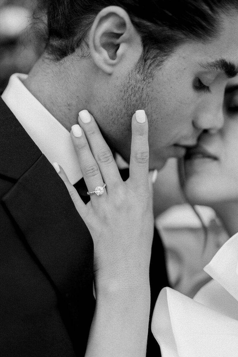 black and white photo of bride and groom at chateau de champlatreux 