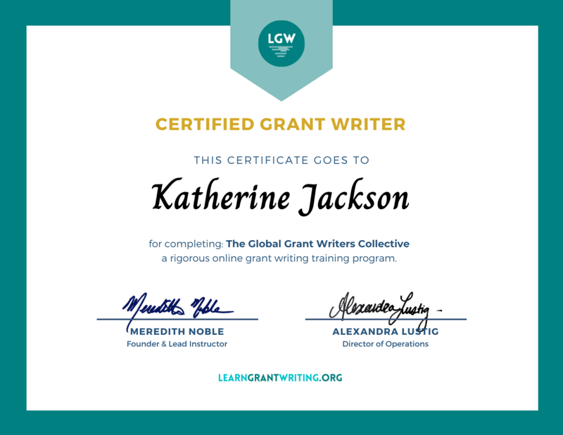 Katherine Jackson's certificate for Grant Writing Consulting.