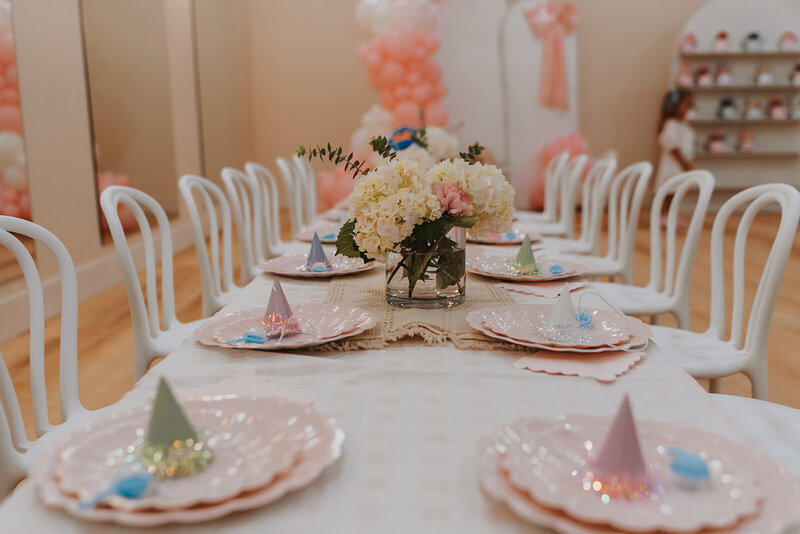 Table settings for a birthday party at JoyBabe Studio in La Mesa CA