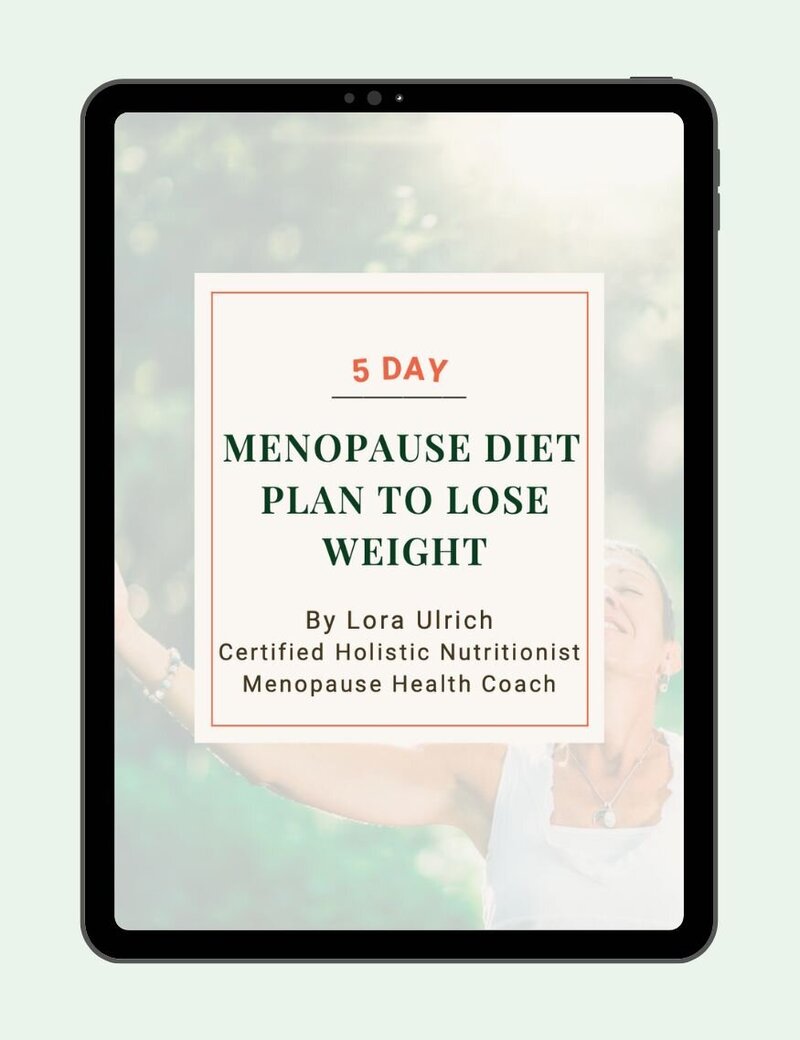 E-book cover on a tablet screen for '5 Day Menopause Diet Plan to Lose Weight' by Lora Ulrich