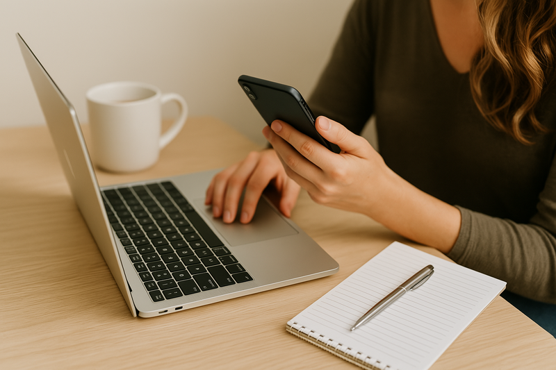 Close-up of woman holding a phone and using a laptop to schedule a Minneapolis dating profile photo consultation