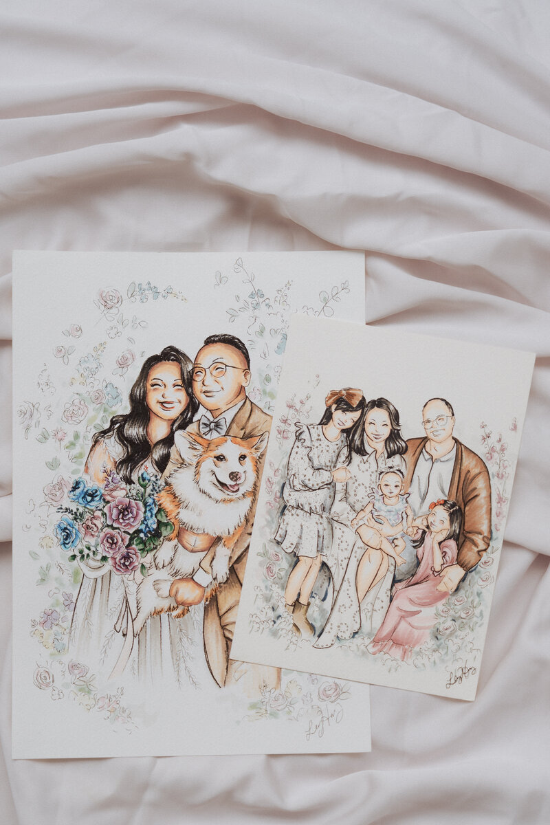 custom-couple-portrait-dog-floral-background