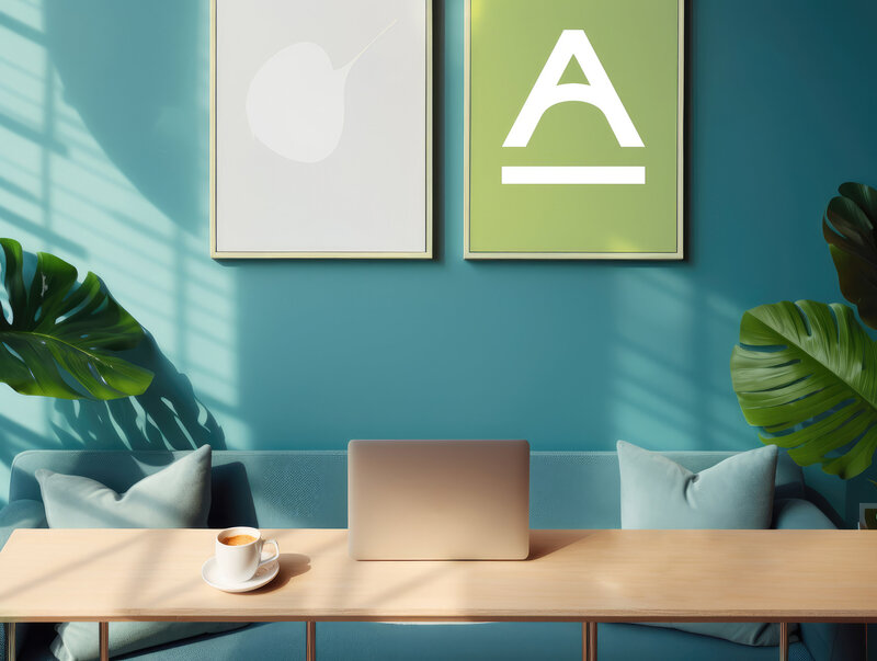 Minimalist home office with laptop, coffee cup, and graphic wall art.
