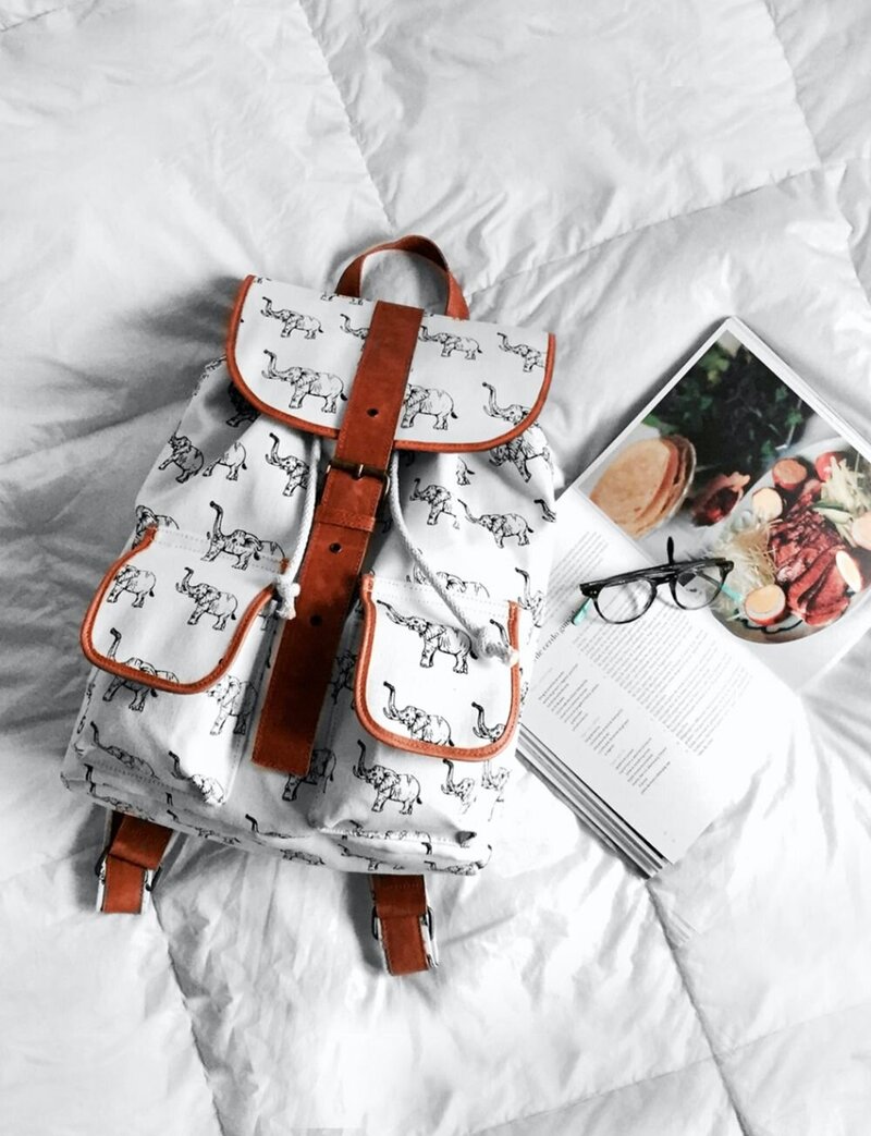 Backpack on the bed with a book