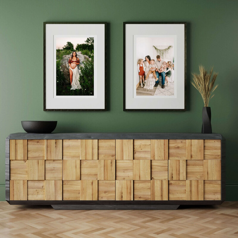 framed maternity and family photo over cabinet  captured by Joplin MO maternity photographer