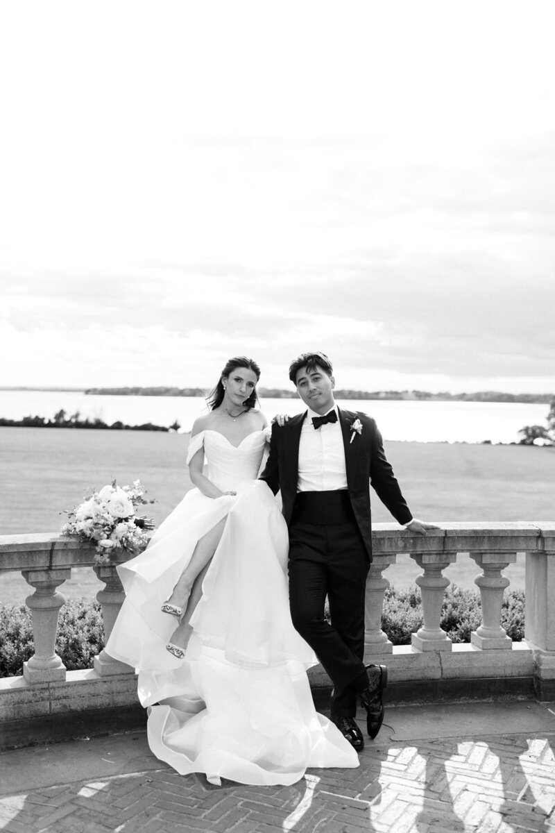 Timeless black-and-white bridal portrait in Rhode Island light