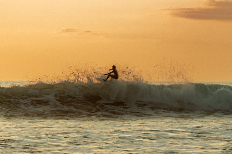 Surfer surfing wave at sunset
