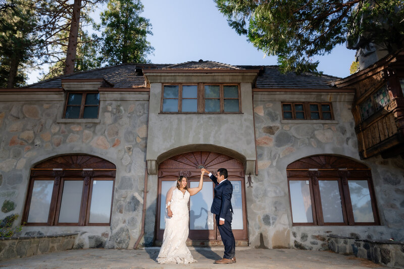 South Lake Tahoe Elopement Emerald Bay Vikingsholm Castle bride and groom dance.