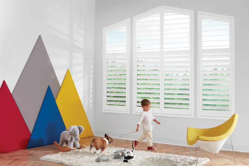Little boy and dog in white playroom