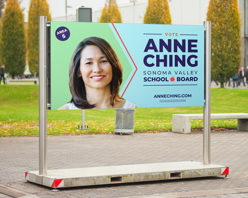 Banner with woman's face on it that reads "anne ching"