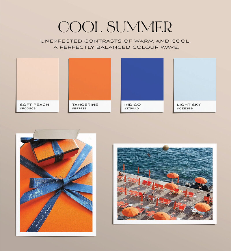 Mood board of tangerine and blues  for a wedding