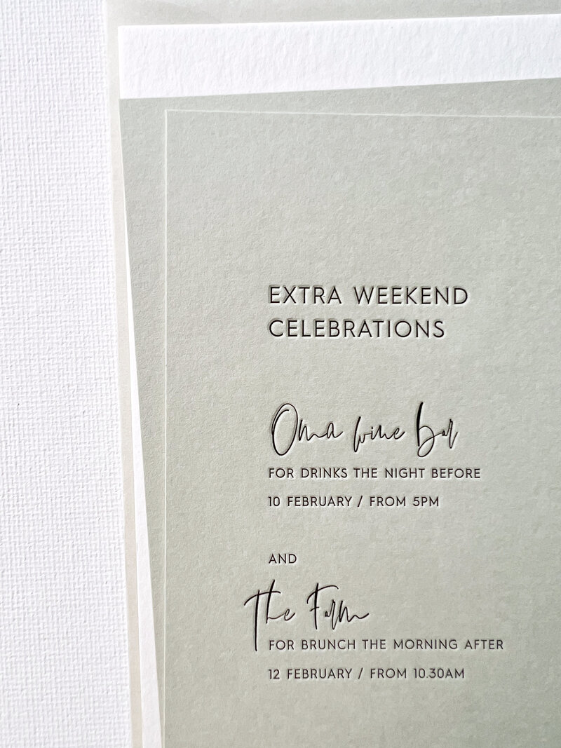Luxury letterpress wedding invitation stacked with leaf outline - Sienna