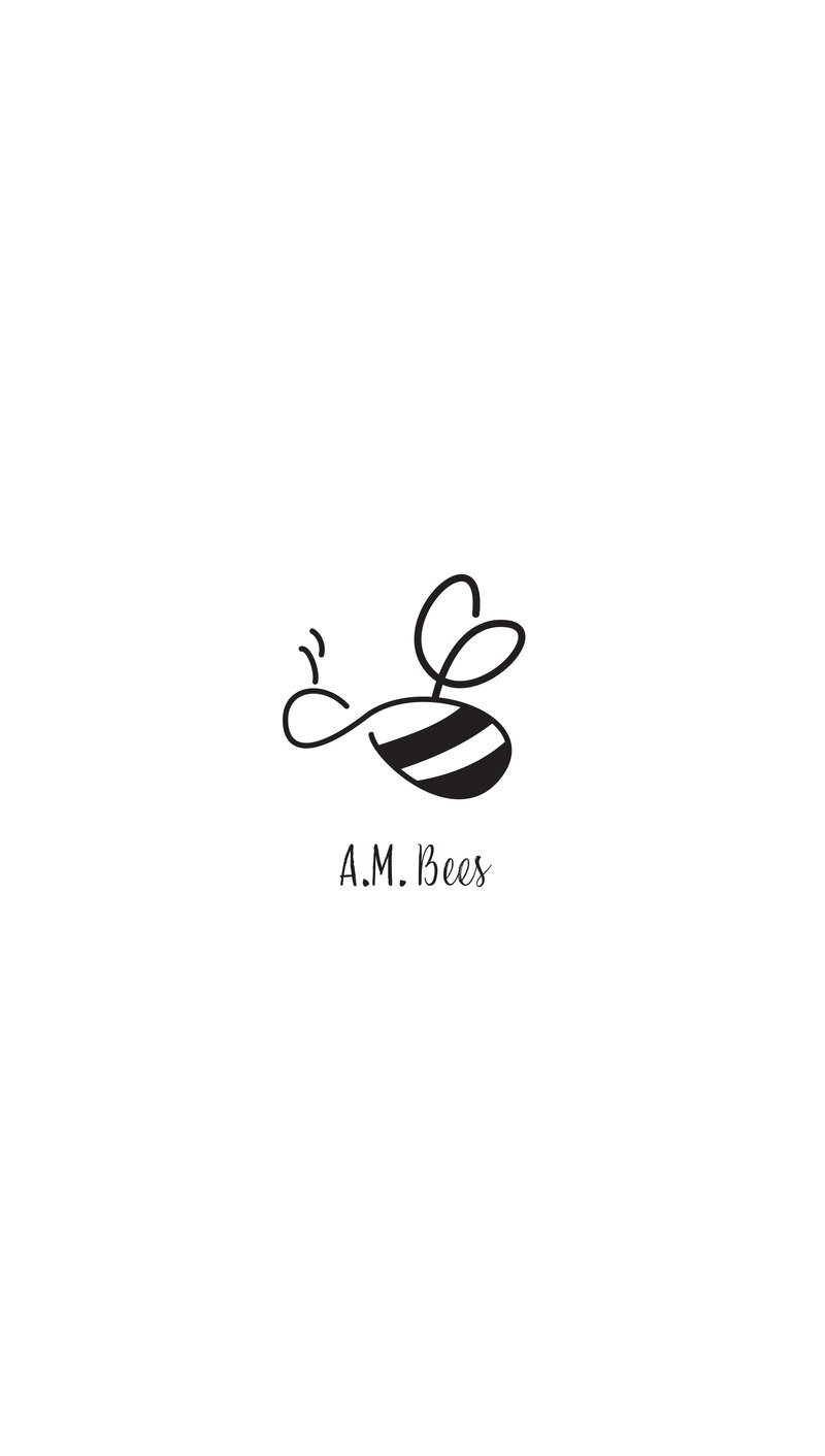 AM Bees logo created by Ayanna Richilano Designs in black & white. The logo is made up of a stylized bee and stylized handwritten typeface.