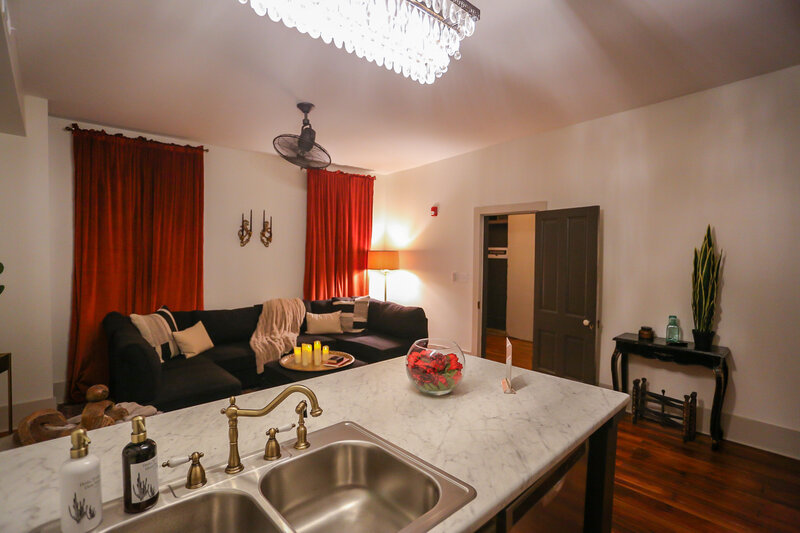 Living room and kitchen of airbnb located in Council Grove, KS