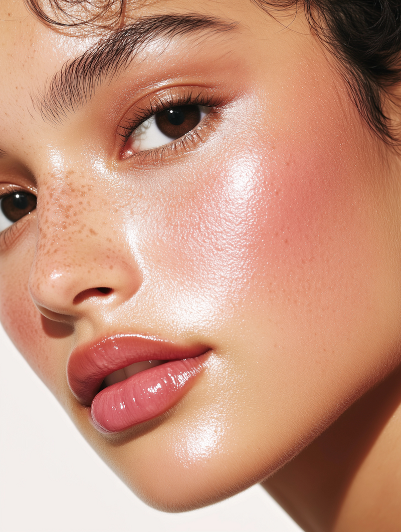 detail tváře ženy s nahým líčením, které se třpytí