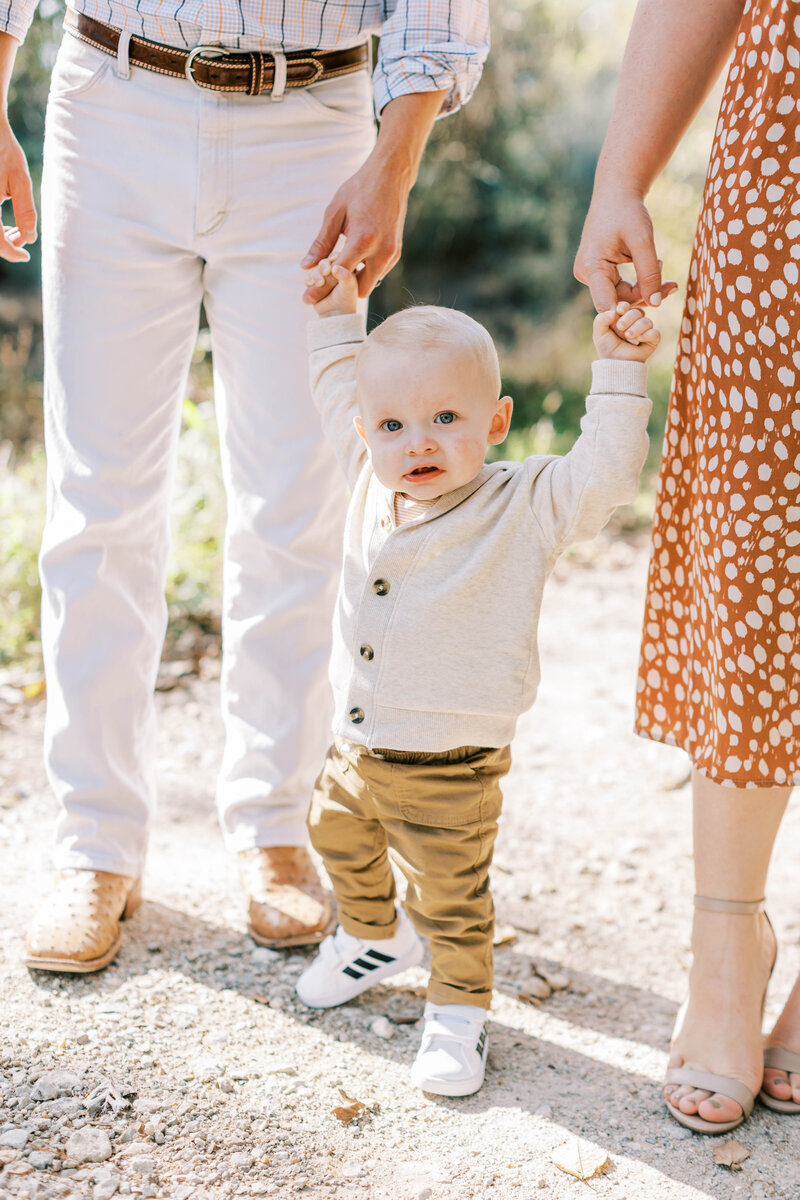 Baby holding his parents hands standing in between their legs