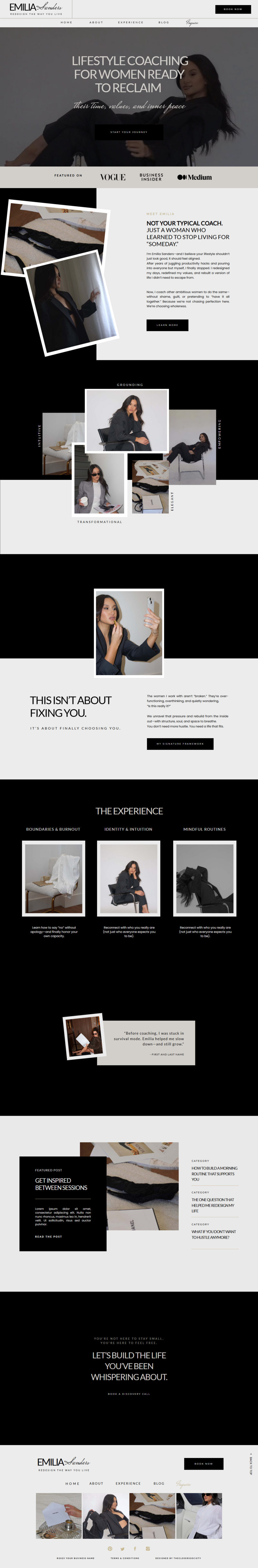 Full homepage preview of the Emilia Showit website template designed for modern lifestyle coaches with clean, editorial layout and minimal structure