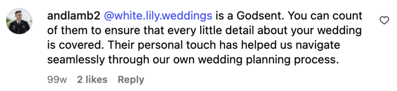 Screenshot of a kind review for White Lily Weddings from a past client.