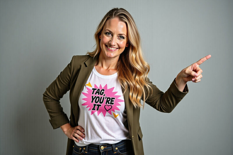 Carissa wearing a shirt that reads, "Tag, You're It!"