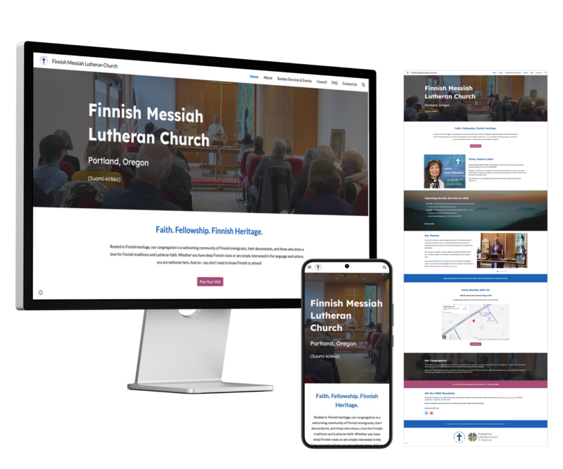 Custom-built website for Finnish Messiah Lutheran Church, shown in desktop and mobile layouts with homepage preview on the right