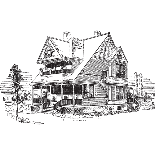 Illustration of a large, two-story Victorian-style house with a gabled roof, chimney, and wraparound porch. Trees and shrubs are visible in the background, creating an inviting scene that would perfectly complement any brand designer's portfolio or website design packages.