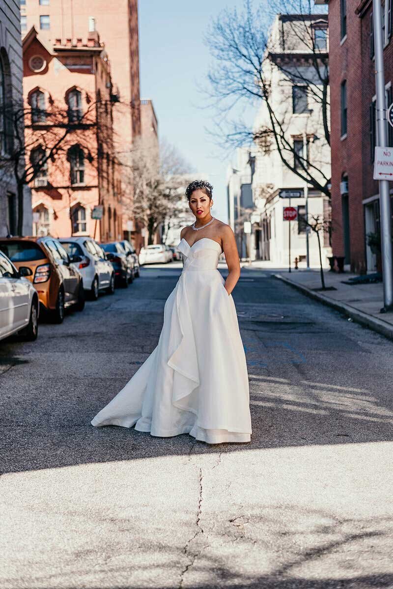 strapless full a-line wedding dress with pockets