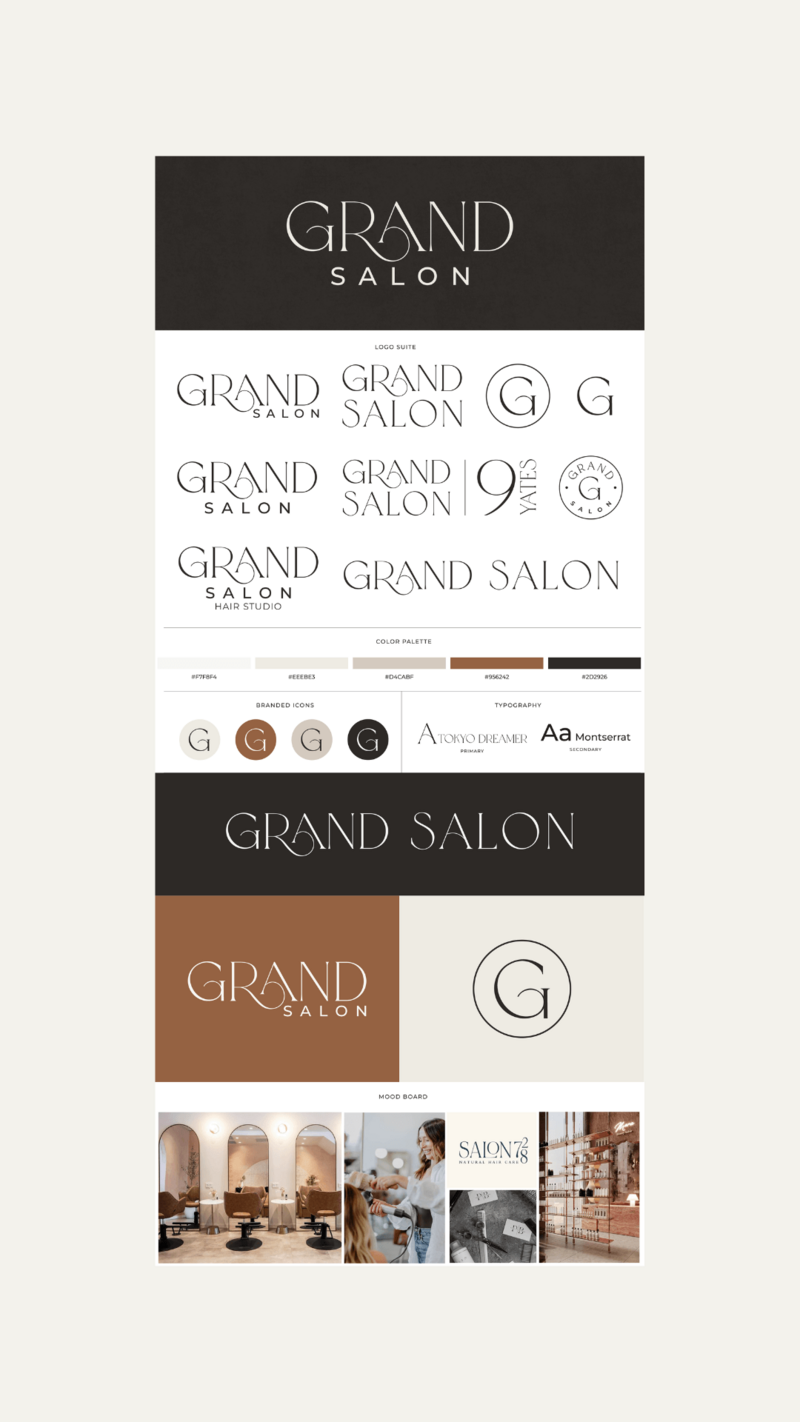 A brand board for “Grand Salon” featuring logo variations, color palette, fonts, logo usage examples, interior photos, and hair salon website design inspiration. The modern, elegant look uses neutral, brown, and black tones.