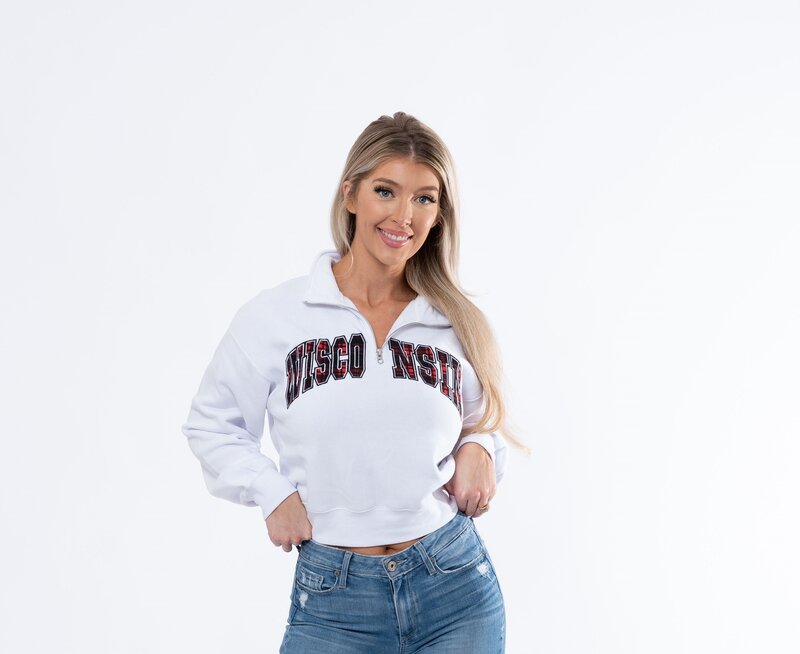 white half zipped pullover with college state across chest