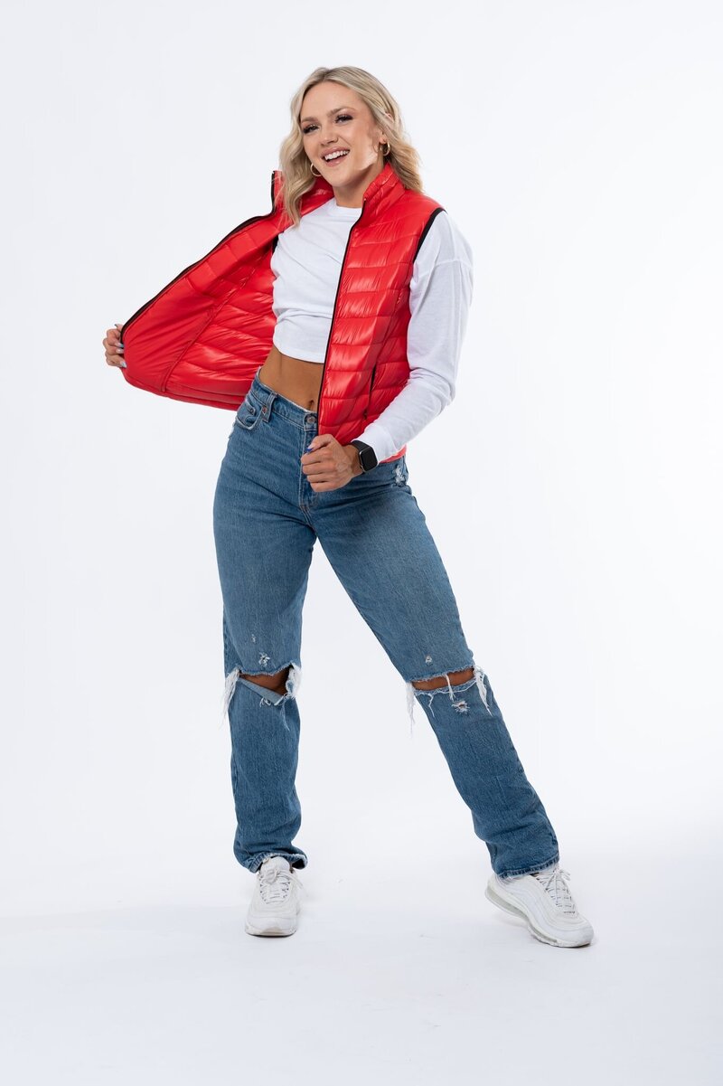 red puffy vest