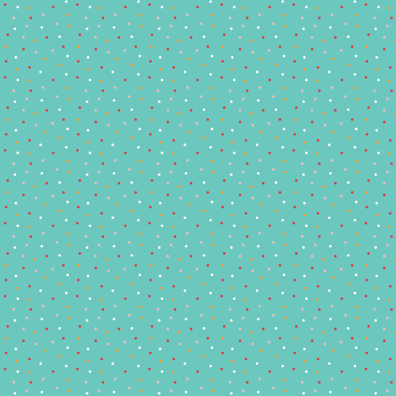 Confetti pattern of pink, gold, and white dots against a light blue background