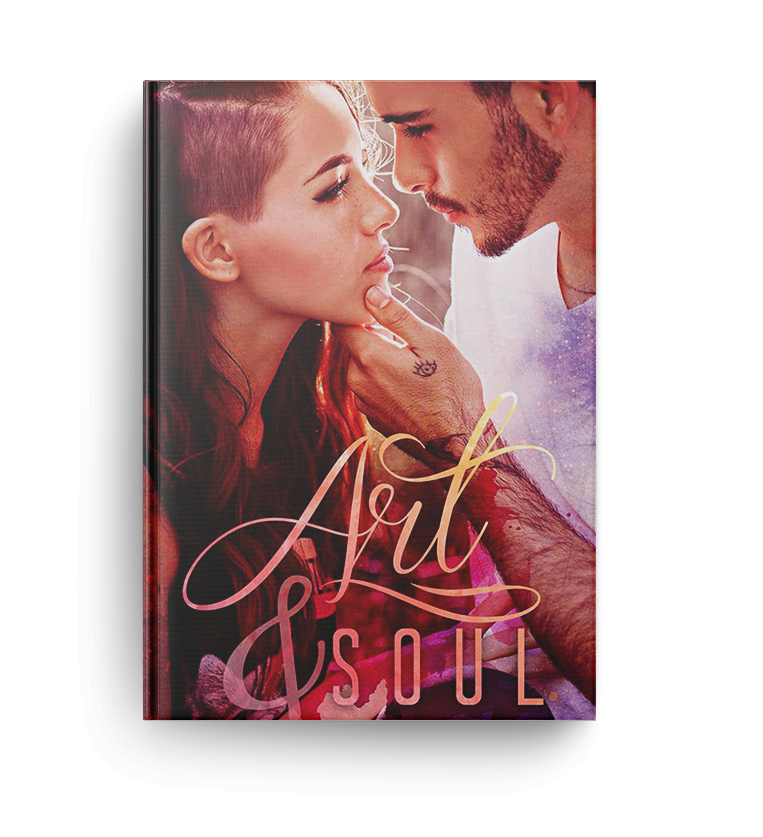 woman with shaved sides looks into the eyes of a bearded man touching her chin on the cover of romance novel 'art & soul' by author brittainy cherry
