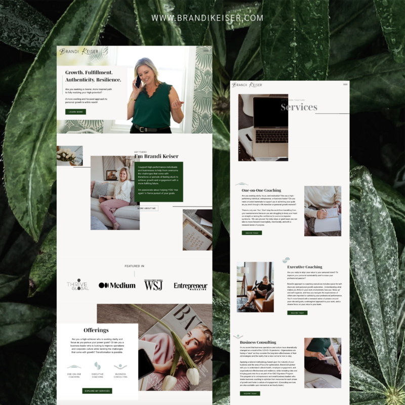 Clean and visually interesting website home and services pages for an executive coach