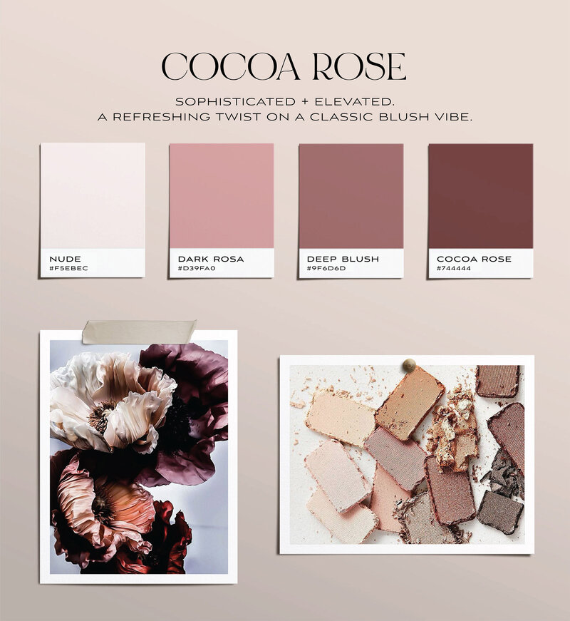 Mood board of deep blush and cocoa toned rose for a wedding