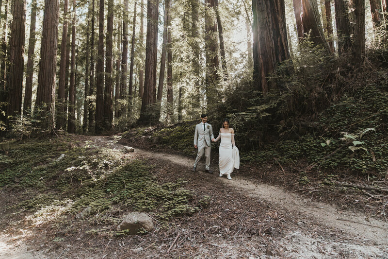 Bride and groom walking down trail in redwood grove in Big Sur holding hands