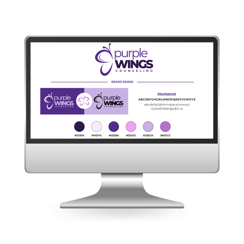 A brand board for ‘Purple Wings Counseling’ displayed on a laptop screen. The board features the company logo in purple, color swatches in various shades of purple and gray, and the Montserrat font. The branding elements are organized neatly, showcasing the visual identity of the counseling service