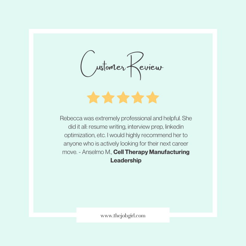 5-star client review for The Job Girl from high-achieving professionals in pharma, biotech, life sciences, and executive leadership roles.
