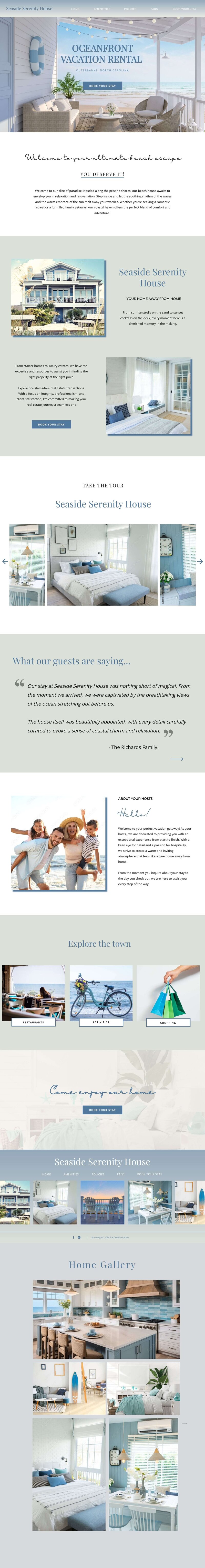 Seaside Serentiy House home page above the fold section mockup on  a mac desktop computer with image of porch overlooking the ocean