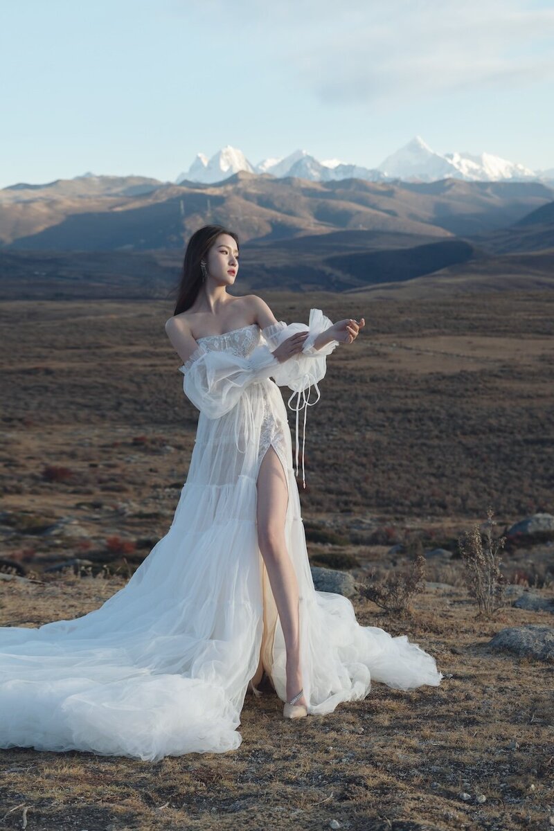 A beautiful woman wearing a couture bridal dress photographed in wild fields with snow capped mountains in the background.