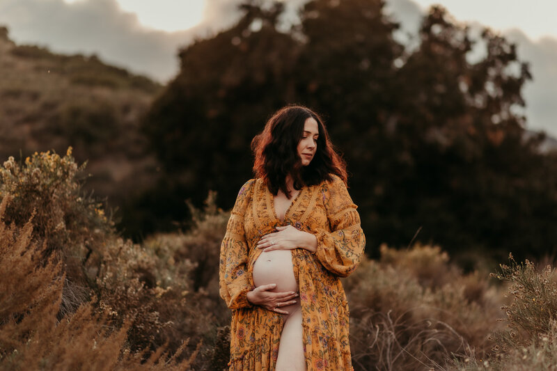 Pregnant woman standing in tall brush wearing a mustard floral gown during a golden-hour maternity photoshoot in the Southern California hills