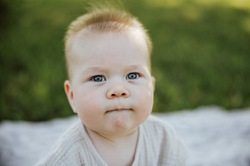 Natural light close-up portrait of baby boy in Farmington, Missouri.  