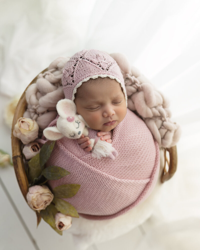 A delicate newborn girl styled in soft pinks with a felt mouse toy and vintage lace bonnet.
