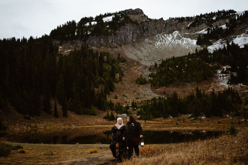 a bride and groom hold hands and lanterns during their washington elopement at mount rainier