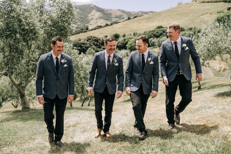 groomsmen chat as they walk through olive trees in akaroa at mt vernon lodge