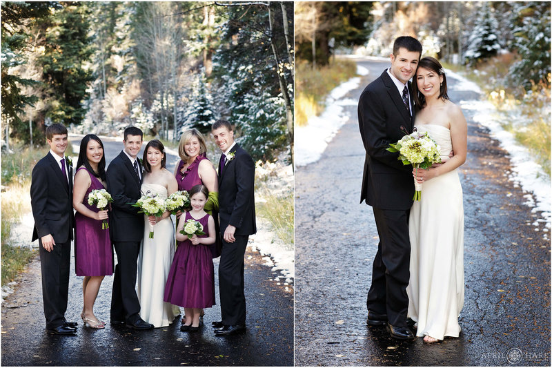 Formal portraits for fall color wedding with snow on the ground at Meadow Creek Lodge & Event Center in Colorado