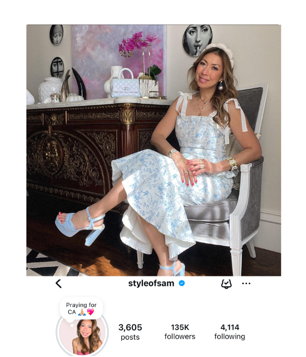 Sam's Instagram profile, styleofsam, 135K followers