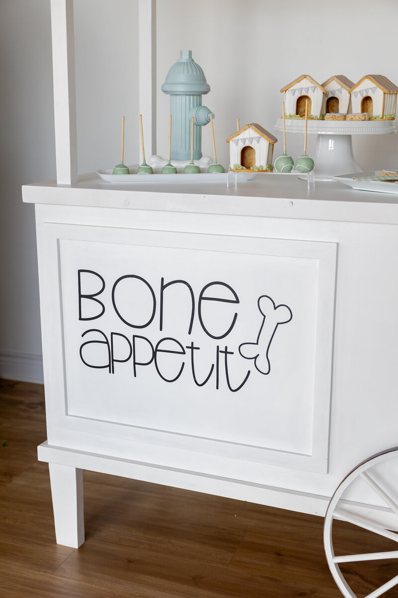 Custom dessert cart with decal Bone Appetit and dog bone.
