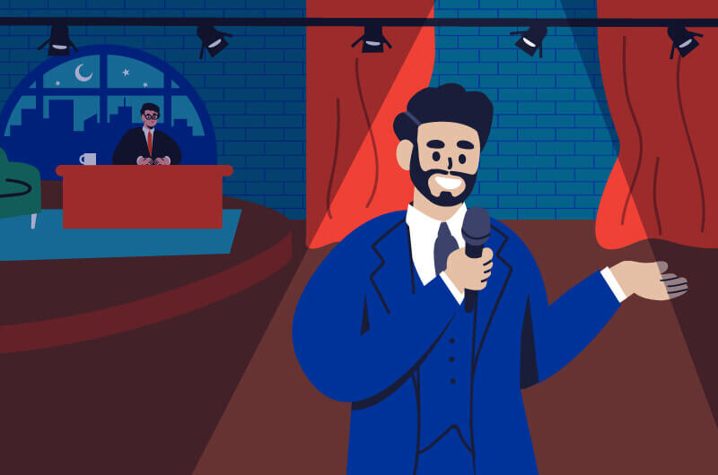 Illustration of a comedian holding a microphone on a late night television show, with a man at a desk in the background