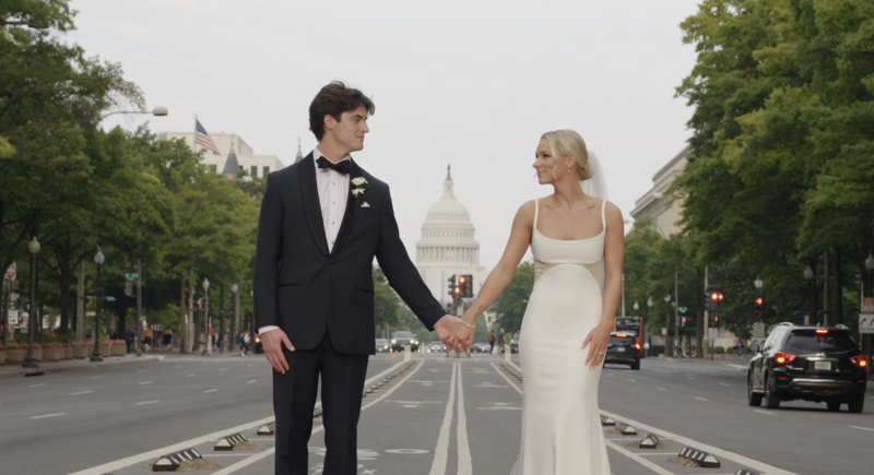Husband and wife hold hands in front of the Capitol building in Washington, DC