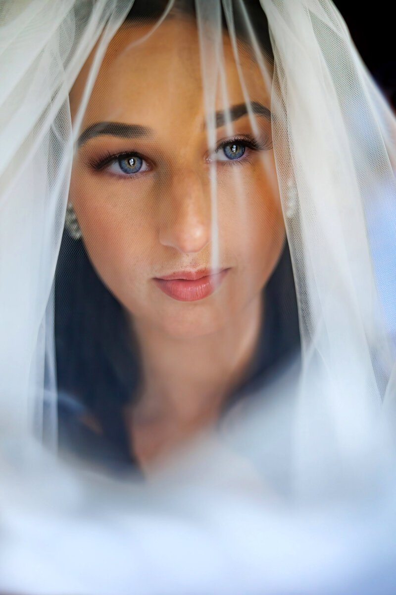 A bride looks through her veil before the wedding.